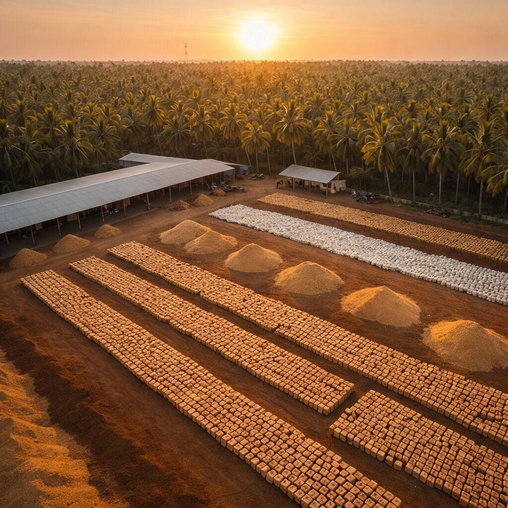 Coir manufacturing facility with coconut palms at sunset